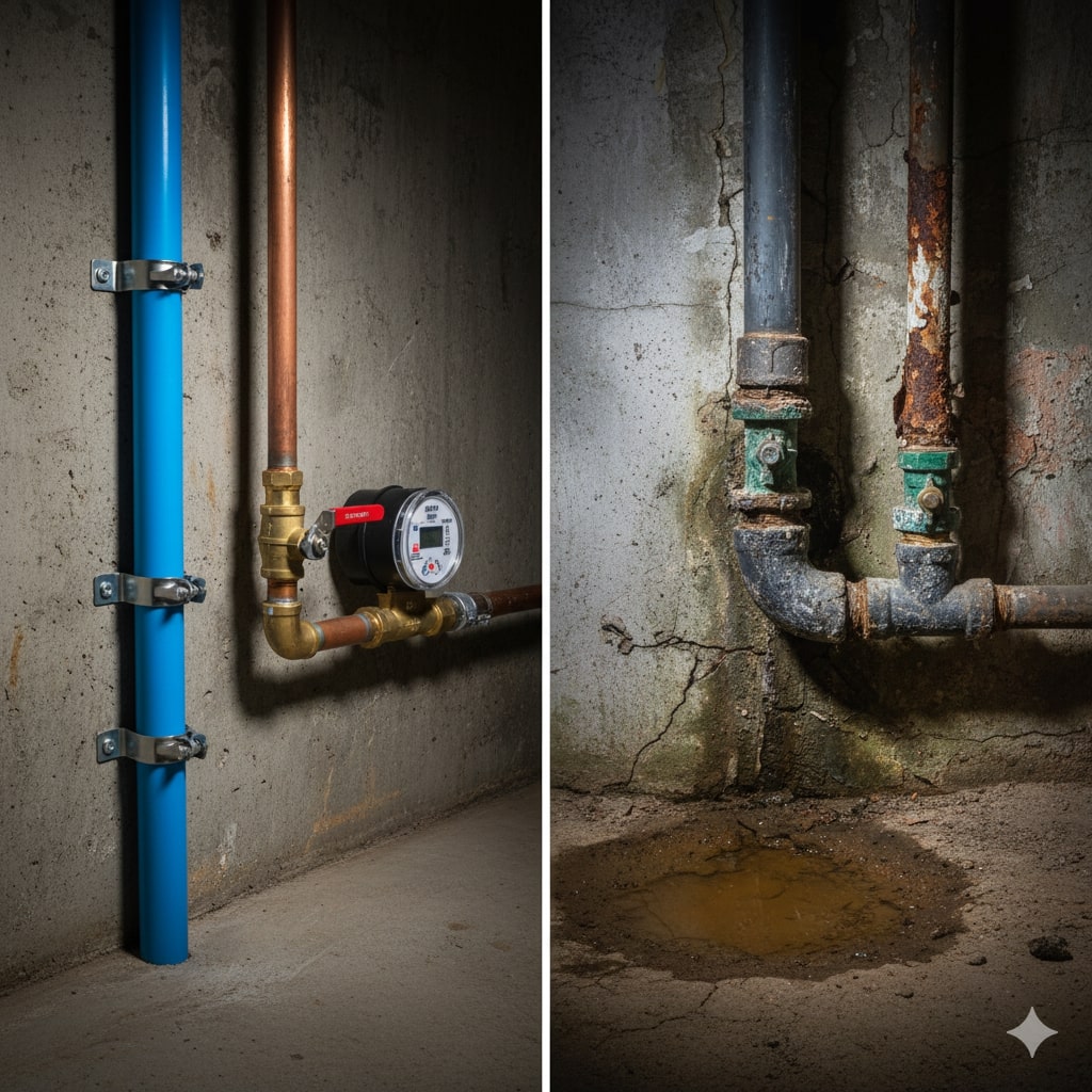 왼쪽은 깨끗한 새 수도관, 오른쪽은 녹슬고 부식된 오래된 수도관을 비교한 이미지. 노후 배관이 수질에 미치는 영향을 보여줌.