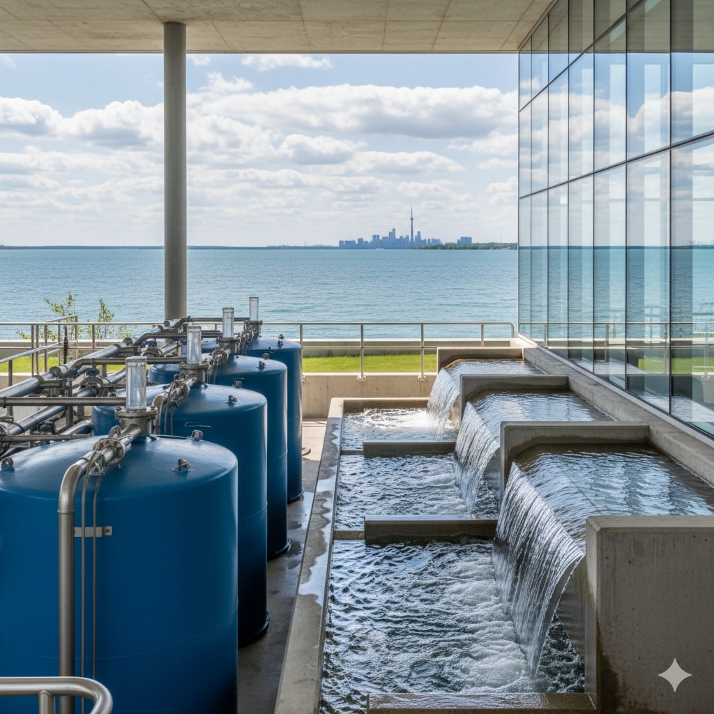 토론토 정수 시설과 온타리오 호수, CN 타워가 보이는 전경. 토론토 수돗물의 안전성과 수질을 상징하는 이미지.