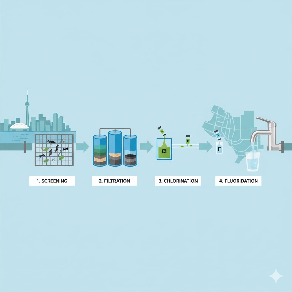 토론토 수돗물 4단계 정수 과정: 스크리닝, 여과, 염소 소독, 불소 첨가를 설명하는 인포그래픽.