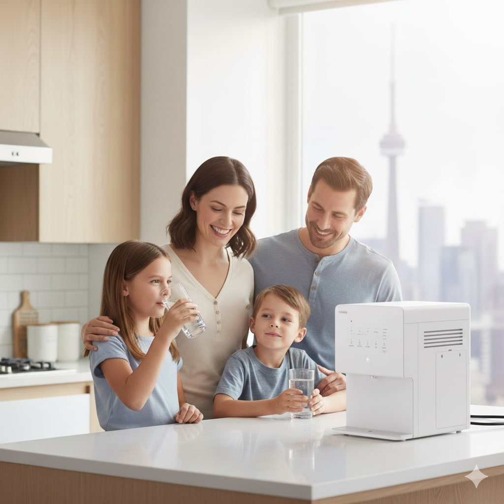 토론토의 한 가정이 카운터탑 정수기에서 깨끗한 물을 따라 마시는 모습. 배경에는 토론토 스카이라인이 보이며, 안전하고 안심되는 수질 환경을 상징.