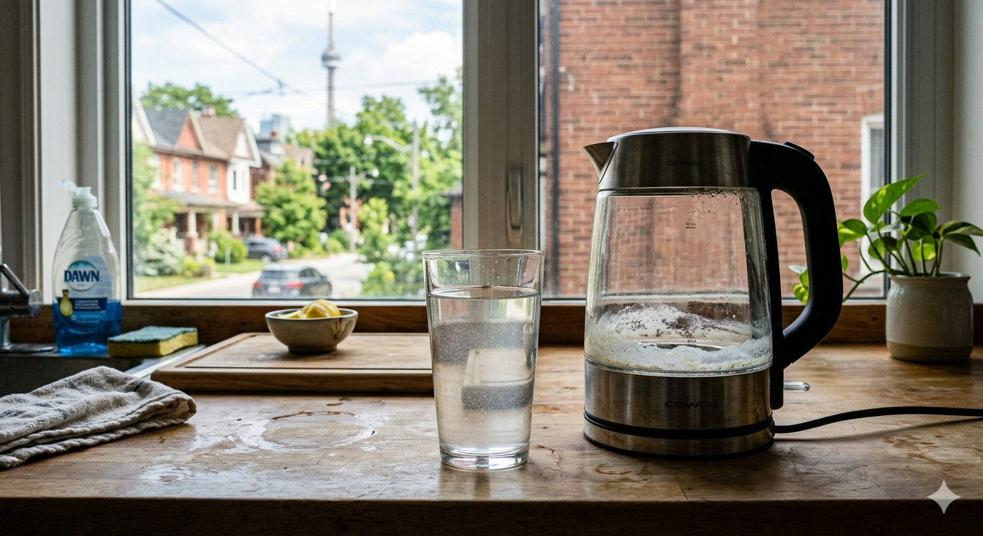 A glass of tap water on a Toronto kitchen counter beside a kettle with visible white limescale buildup inside, illustrating the effects of Toronto's hard water on drinking water and kitchen appliances.