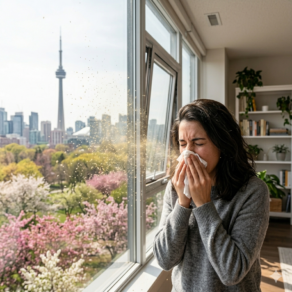 A woman sneezing near an open window with spring trees in bloom in the background, representing Toronto's high pollen season and indoor allergy exposure.